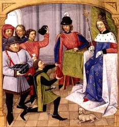 Französischer König Philipp V. (1293-1322) erhält Steuern, Illustration von Robinet Testard aus "Grandes chroniques de France" 1471