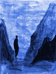 Einsame Gestalt blaue Berge