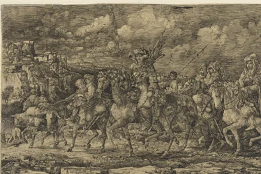 Hunnenkönig mit seinen Frauen, umgeben von Dienern und Vieh, durch eine Landschaft reitend