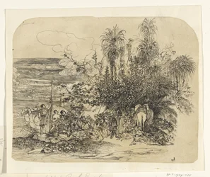 Landschaft mit einer Gruppe ruhender Orientalen mit ihren Pferden und Kamelen