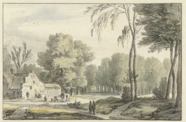 Landschaft mit einem Reisewagen vor einem Bauernhof