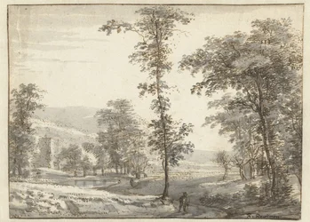 Waldlandschaft mit einem Reisenden auf einem Pfad