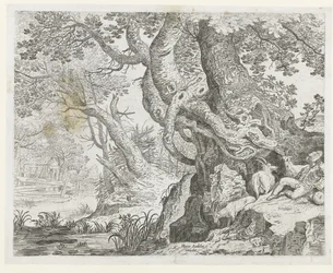 Schlafender Hirte bei einem großen Baum