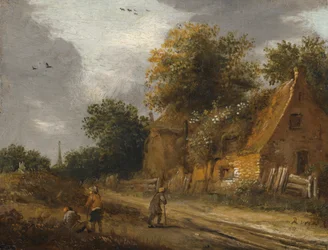 Drei Figuren, die an einer Straße vor einem Cottage vorbeigehen