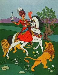 Der Prinz reitet mit zwei Löwen, Illustration für 