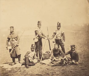 Englische Infanterie legt die Waffen zusammen.