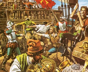 Sir Francis Drake greift die Spanier an