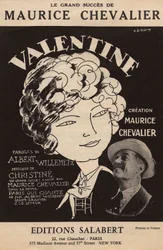 Titelblatt der Partitur des großen Erfolgs von Maurice Chevalier „Valentine“ Text von Albert Willemetz Musik von Christine, Editionen Salabert, ca. 1925