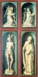 Die Verkündigung, St. Sebastian, St. Antonius der Große und die beiden Stifter, Tafeln von der Rückseite des Jüngsten Gerichts, um 1445-50