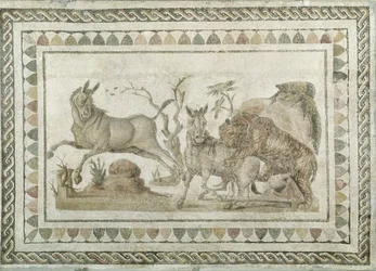 Ein Tiger greift zwei Onager an, aus dem Haus der Dionysischen Prozession, El-Jem (Thysdrus)
