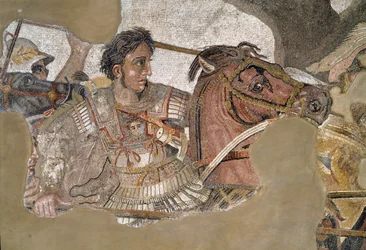 Alexander der Große (356 - 323 v. Chr.) auf seinem Pferd Bucephale. Mosaik aus dem Haus des Fauns, Pompeji