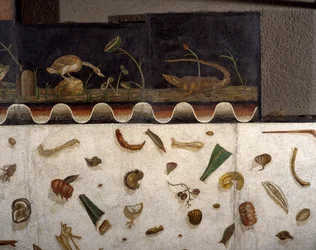 „Asarotos“ (unsauberer Boden) Fragmente eines Mosaiks signiert von Harakliton aus Rom, 2. Jahrhundert n. Chr., Rom