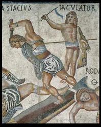 Kampf zwischen Gladiatoren, Detail eines kämpfenden und eines siegreichen Gladiators, 320 n. Chr. (Mosaik)