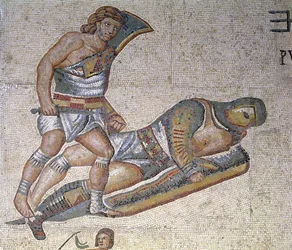 Kampf zwischen Gladiatoren, Detail eines Gladiators, der einen anderen zu Boden drückt, 320 n. Chr. (Mosaik)