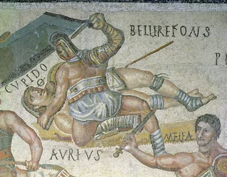 Kampf zwischen Gladiatoren, Detail eines Gladiators, der einen anderen zu Boden drückt, 320 n. Chr.