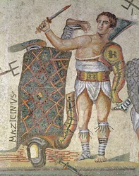 Kampf zwischen Gladiatoren, Detail eines siegreichen Gladiators, 320 n. Chr. (Mosaik)