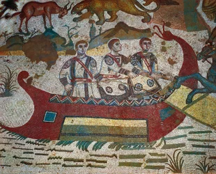 Detail aus dem Großen Jagdmosaik, Villa Romana del Casale, Piazza Armerina, Sizilien, Italien, 4. Jahrhundert