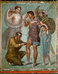 Der verwundete Aeneas wird in Begleitung seines Sohnes Iulus von dem griechischen Arzt Iapyx, Sohn des Iasus, behandelt. Römisches Fresko aus dem 1. Jahrhundert n. Chr. aus Pompeji. Neapel, Archäologisches Nationalmuseum - Römische Kunst: Der verwundete