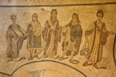 Eingang zu den Thermen, Bodenmosaik, Villa Romana del Casale, Piazza Armerina, Sizilien, Italien (Foto)