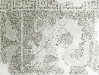 Hellenistisches Kieselmosaik von Skylla und Charybdis, die die Meerenge bewachen, Detail von Skylla, Haus des Dionysos, Paphos, Zypern