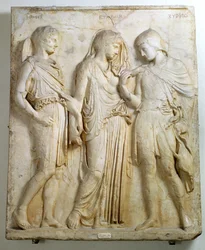 Hermes, Orpheus und Eurydike, Relief, römische Kopie eines griechischen Originals aus dem 5. Jahrhundert v. Chr. (Marmor)