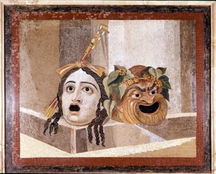 Maske des römischen Theaters. Mosaik aus dem 2. Jahrhundert n. Chr. Aus den Bädern des Decius auf dem Aventin, Rom. Musei Capitolini, Rom