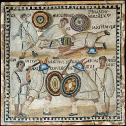 Mosaik, das den Kampf zwischen zwei Equites namens Simmachius und Maternus darstellt, römisch, 3. Jahrhundert n. Chr.