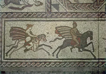Mosaikpflaster aus der römischen Villa in Low Ham, das die Geschichte von Dido und Aeneas aus Virgils Aeneis darstellt, ca. 350 n. Chr. (Detail)
