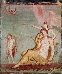Nemesis, die Göttin der Rache, zeigt auf das Schiff des Theseus, der gerade Ariadne verlassen hat