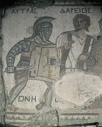 Gemälde von zwei Gladiatoren auf einer Mosaikwand, Kourion, Limassol, Zypern