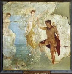 Perseus befreit Andromeda. Fresko 37,5x37,5 cm. Aus dem Haus der fünf Skelette (Casa dei cinque Scheletri) in Pompeji. o. J. Archäologisches Nationalmuseum, Neapel (Archäologisches Museum Neapel). ©Raffael/Leemage