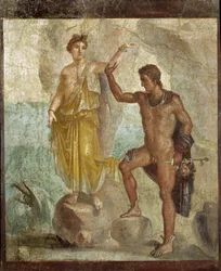 Perseus befreit Andromeda. Fresko, 98 x 120 cm. Aus dem Haus der Dioskuren (Casa dei Dioscuri) in Pompeji. 300 n. Chr. Archäologisches Nationalmuseum, Neapel (Archäologisches Museum Neapel). © Raffael/Leemage