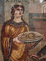 Die Gefangene Chresis übergibt ihrem Entführer Agamemnon die Schlüssel zu ihrem Lösegeld, Detail aus dem in Daphne, Antiochia, Türkei, entdeckten Mosaik der Chresis