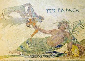 Pyramus und Thisbe, Detail von Pyramus und dem Leoparden, Haus des Dionysos, Paphos, Zypern