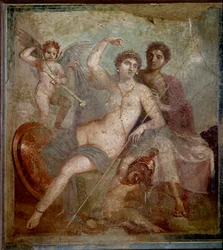 Darstellung von Ares und Aphrodite, begleitet von Liebesgöttern, die mit den Waffen des Gottes spielen. Aus der Villa des Mars und der Venus in Pompeji. 1. Jahrhundert n. Chr. Archäologisches Nationalmuseum Neapel - Römische Kunst: Ares, Aphrodite und
