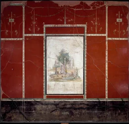 Römische Kunst: „Bukolische und sakrale Landschaft“. Fresko, dem Meister des Amando zugeschrieben. Aus der Villa des Agrippa Postumus in Boscotrecase. 1. Jahrhundert. Maße: 153x98 cm. Neapel, Museo Archeologico Nazionale