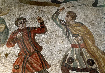 Römische Kunst: Detail des Mosaiks „Die große Jagd“ Ein römischer Aristokrat bestraft einen seiner Sklaven mit einem Stock. 315-350 n. Chr.