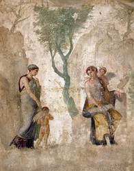 Römische Kunst: „Eros wird in Gegenwart Aphrodites bestraft“. Fresko aus Pompeji, Casa dell