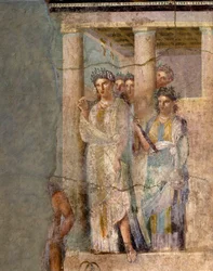 Römische Kunst: „Iphigenie auf Tauris“. Fresko, dem Meister des Lucrezio Frontone zugeschrieben. 1. Jahrhundert. Aus Pompeji. Maße: 118 x 81 cm. Neapel, Museo Archeologico Nazionale.