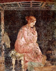 Römische Kunst: „Sitzende junge Frau“. Römisches Fresko im dritten pompejanischen Stil aus Pompeji, 40-60 n. Chr.
