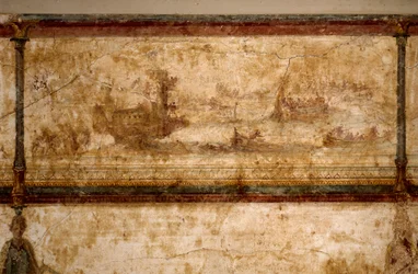 Römische Kunst: „Seeszene mit Biremen und Triremen“. Fresko, um 25-19 v. Chr. Maße: 73 cm. Rom, Museo Nazionale Romano (oder Thermenmuseum)
