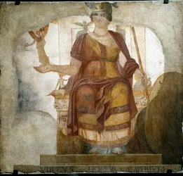 Römische Kunst: „Die sitzende Göttin Venus als Personifikation Roms, genannt Göttin Barberini“. Fresko aus dem 4. Jahrhundert n. Chr. Aus dem Baptisterium des Heiligen Johannes im Lateran (San Giovanni in Laterano) in Rom. Rom, Museo Nazionale Romano