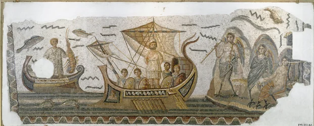 Römische Antike: „Odysseus auf seinem Boot widersteht dem Gesang der Sirenen“ (Mosaik, 250-270 n. Chr.)