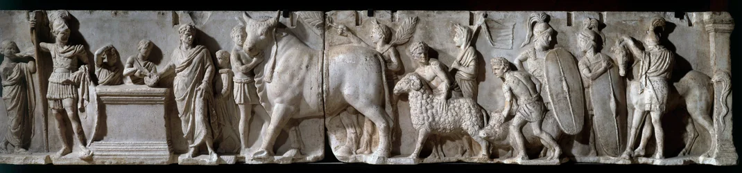 Römische Kunst: Altar des Domitius Ahenobarbus. 100 v. Chr. Opferszene für den Gott Mars. Marmorrelief. Sonne 2.05 m. Paris, Louvre