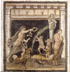 Römische Kunst: Hahnenkampf in einer Palästra in Gegenwart der Personifikationen von Niederlage und Sieg. Mosaik aus der Villa des Labyrinths in Pompeji. 2. Stil. Maße: 46x42 cm. Archäologisches Nationalmuseum, Neapel