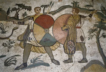Römische Kunst: (Detail) Mosaik „Die große Jagdgesellschaft“ Jäger mit großen Schilden. 315-350 n. Chr. Piazza Armerina, Villa Romana del Casale