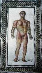 Römische Kunst: Gladiator. Fußbodenmosaik aus den Caracalla-Thermen. 212 n. Chr. Rom, Museo Nazionale Romano (oder delle Terme).