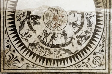 Römische Kunst: Pygmäen bei der Jagd und beim Fischfang. Mosaik aus dem 3. Jahrhundert. Museo Nazionale Romano (oder delle Terme), Rom