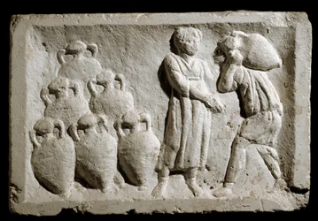 Römische Kunst: „Verladung und Verstauung von Weinkrügen“ (Relief, 2. Jahrhundert n. Chr.)