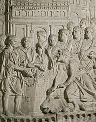 Römische Kunst: Flachrelief, das Sarmaten zeigt, die den Römern Tribut zollen (Reliefs der Säule des Marc-Aurele, 2. Jahrhundert n. Chr.)